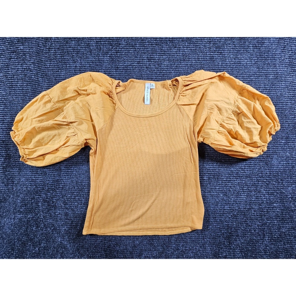 Grace Karma Top Womens XL Khaki Ribbed Stretch Scoop Neck Puff Sleeve Pullover